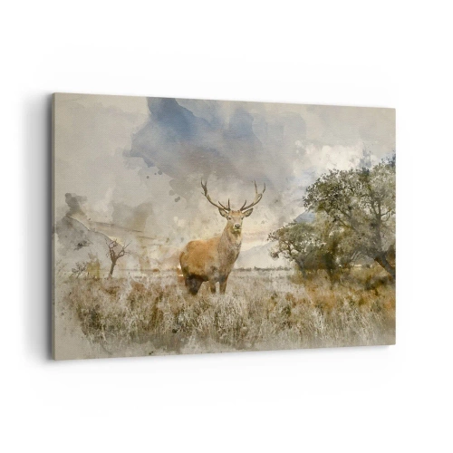 Obraz na płótnie - Jeleń w naturalnym otoczeniu w akwarelowym stylu - 100x70cm - Godność - siła - dostojeństwo - Nowoczesna dekoracja ścienna do salonu, kuchni i sypialni ARTTOR