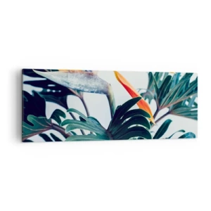 Obraz na płótnie - Kwiat strelicji w otoczeniu liści w jasnym świetle - 140x50cm - Ptakokrzak - Nowoczesna dekoracja ścienna do salonu i sypialni ARTTOR