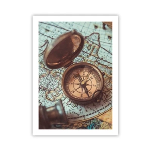 Plakat - Zabytkowy kompas na tle mapy świata - 50x70cm - Dla poszukiwacza przygód - Nowoczesna dekoracja ścienna do salonu, kuchni i sypialni ARTTOR