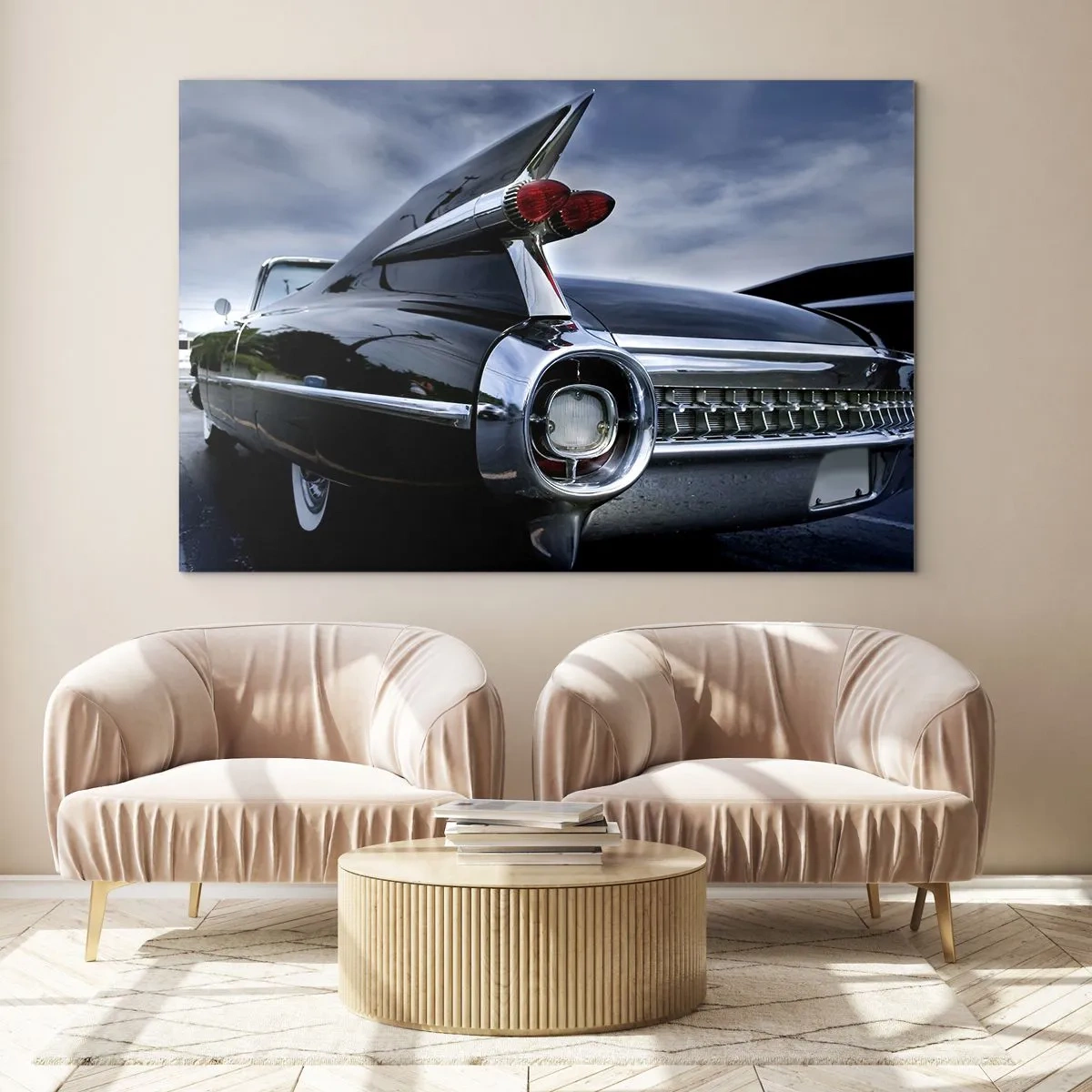 Obraz na szkle - Stylowe tylne światła klasycznego samochodu w błyszczącym czarnym lakierze - 70x50cm - Właśnie dlatego piękny! - Nowoczesna dekoracja ścienna do salonu i sypialni ARTTOR