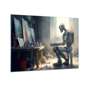 Obraz na szkle - Robot malujący obrazy w artystycznej pracowni - 70x50cm - Akt kreacji - Nowoczesna dekoracja ścienna do salonu i sypialni ARTTOR