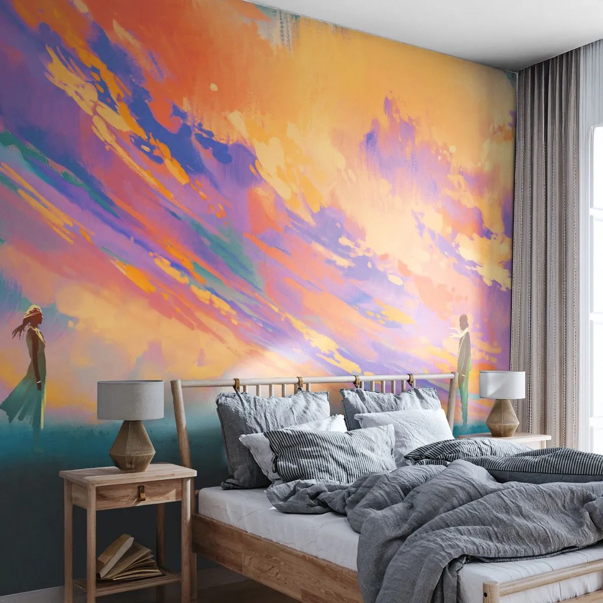 Fototapeta Premium Canvas - Dynamiczna scena z postaciami na tle kolorowego nieba o zachodzie słońca - 100x70cm - Siła przyciągania - Nowoczesna dekoracja ścienna do salonu i sypialni ARTTOR