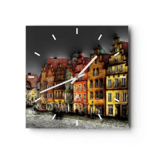 Zegar ścienny - Kolorowe kamienice przy brukowanej ulicy w zabytkowym mieście - 30x30cm - Brakuje tylko zaczarowanej dorożki - Nowoczesna dekoracja ścienna do salonu i sypialni ARTTOR