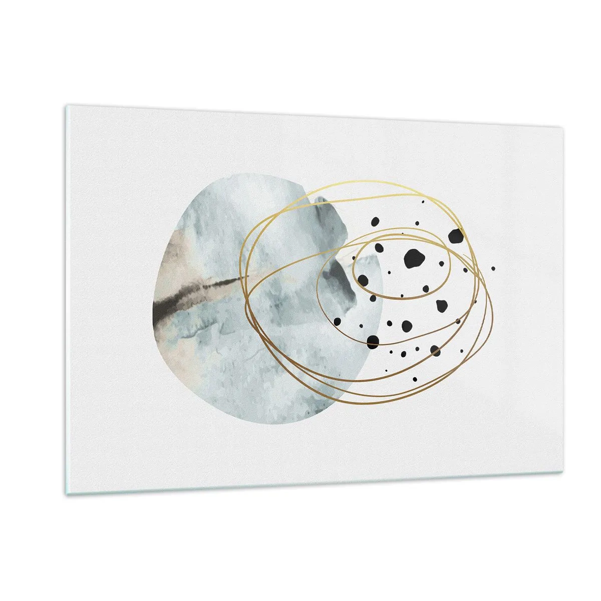 Obraz na szkle - Abstrakcyjna kompozycja z błękitną plamą i złotymi liniami - 120x80cm - W objęciach przestrzeni - Nowoczesna dekoracja ścienna do salonu, kuchni i sypialni ARTTOR