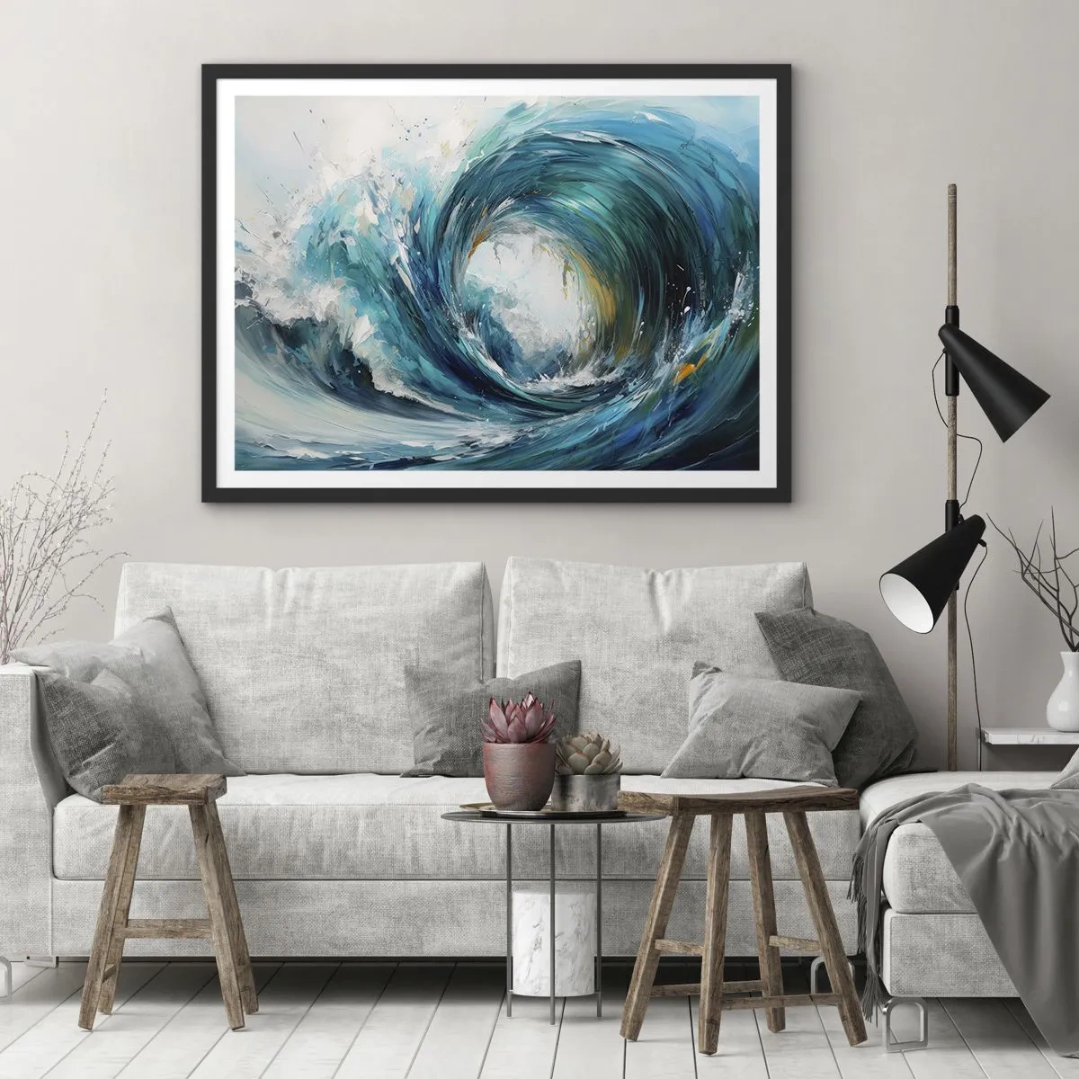 Plakat w czarnej ramie - Dynamiczna fala w odcieniach błękitu i turkusu - 70x50cm - Morski portal - Nowoczesna dekoracja ścienna do salonu i sypialni ARTTOR