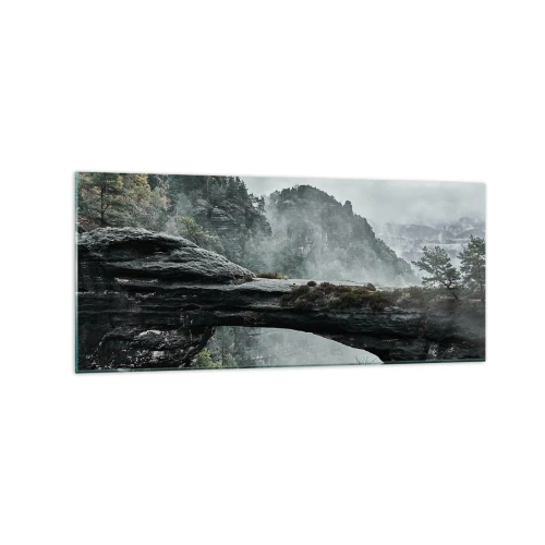 Obraz na szkle - Kamienny łuk w otoczeniu mglistych gór i lasu - 120x50cm - Zaraz się zacznie przygoda - Nowoczesna dekoracja ścienna do salonu i sypialni ARTTOR