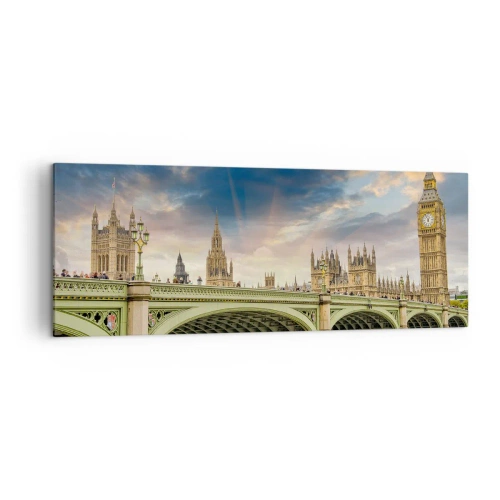 Obraz na płótnie - Big Ben i Westminster Bridge na tle nieba o zmierzchu - 140x50cm - Czas stanął w Imperium - Nowoczesna dekoracja ścienna do salonu i sypialni ARTTOR