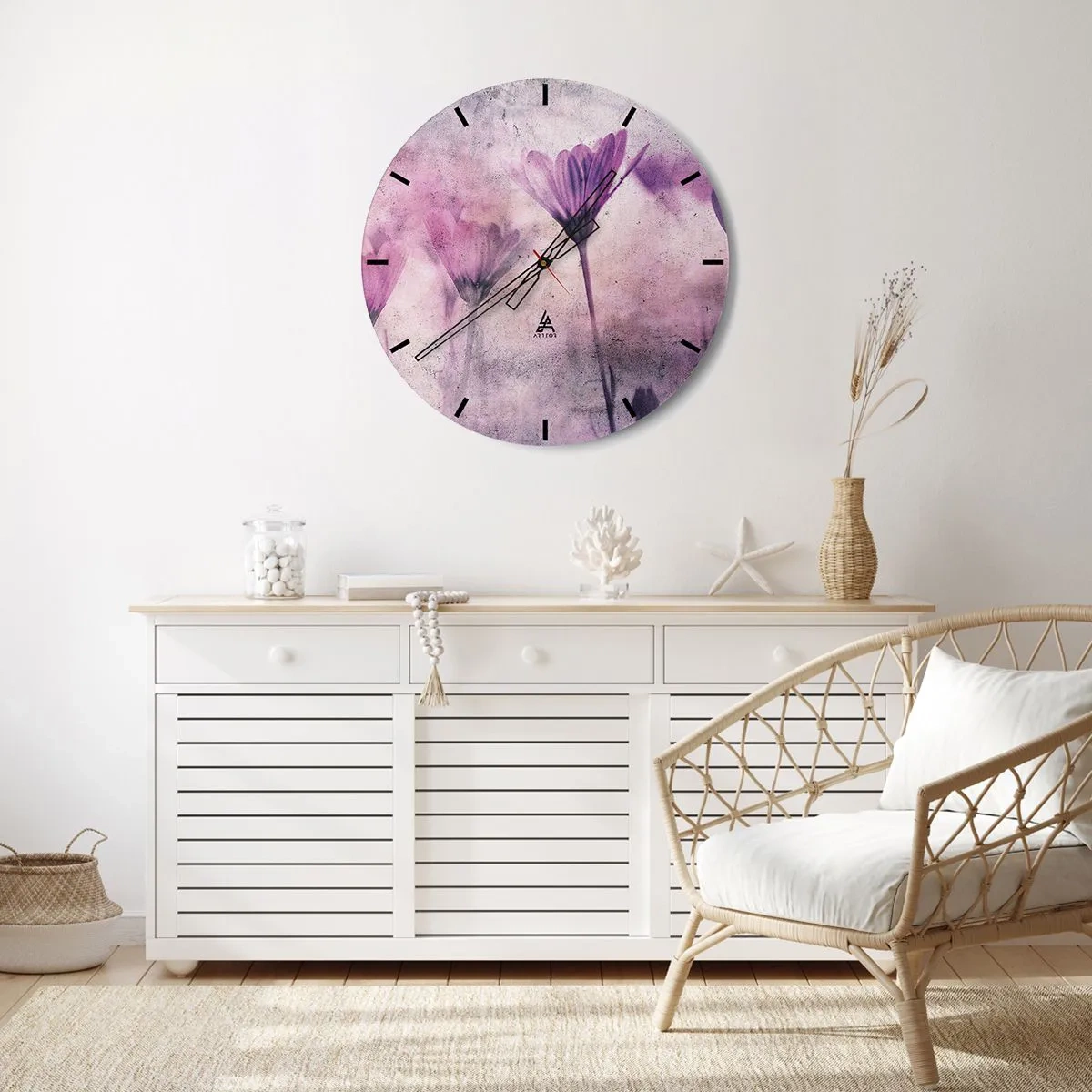 Zegar ścienny - Delikatne fioletowe kwiaty na pastelowym tle - 30x30cm - Sen kwiatów - Nowoczesna dekoracja ścienna do salonu, kuchni i sypialni ARTTOR