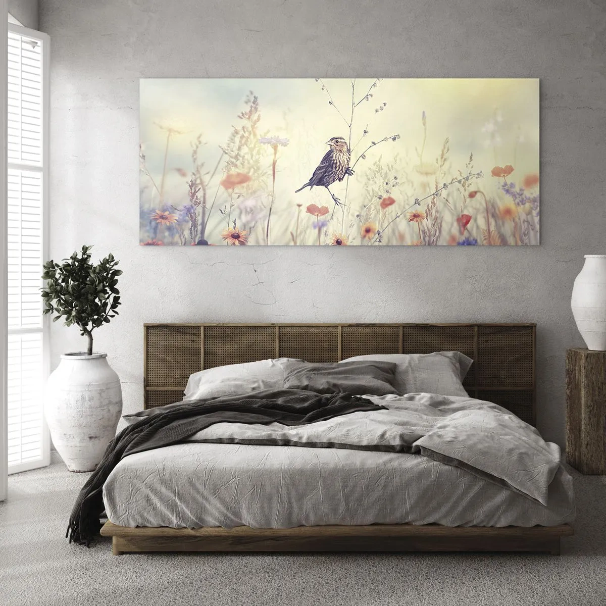 Obraz na szkle - Ptak na tle kolorowej łąki w pastelowych barwach - 120x50cm - Ptasi portret z łąką w tle - Nowoczesna dekoracja ścienna do salonu i sypialni ARTTOR