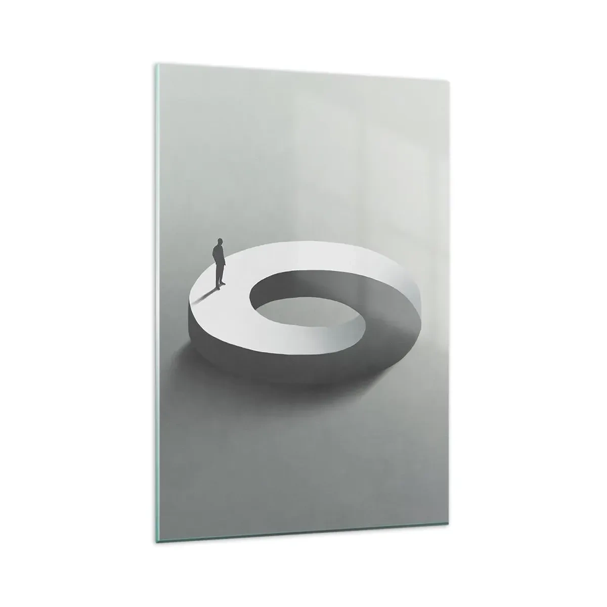 Obraz na szkle - Człowiek na szarej, abstrakcyjnej konstrukcji - 80x120cm - I bądź tu mądry - Nowoczesna dekoracja ścienna do salonu i sypialni ARTTOR