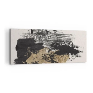 Obraz na płótnie - Abstrakcyjny obraz w czerni i złocie z dynamicznymi liniami i strukturami - 120x50cm - Kompozycja z pasją - Nowoczesna dekoracja ścienna do salonu i sypialni ARTTOR