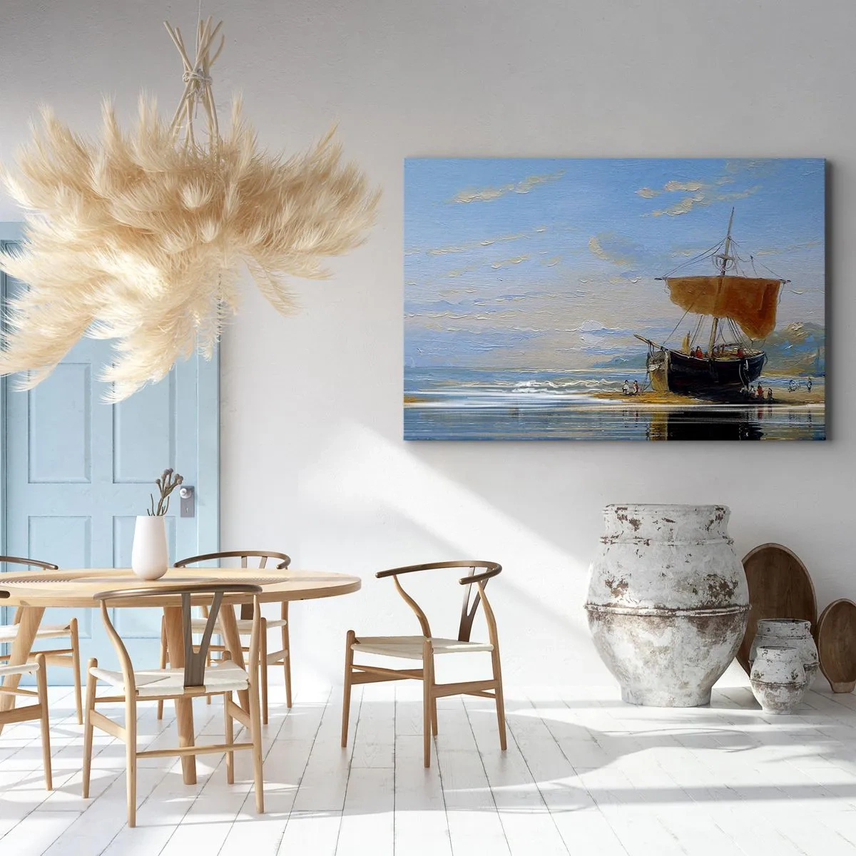 Obraz na płótnie - Statek na brzegu morza w słoneczny dzień - 70x50cm - Woda, ziemia, powietrze - Nowoczesna dekoracja ścienna do salonu i sypialni ARTTOR