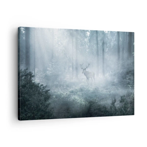 Obraz na płótnie - Jeleń w gęstym lesie spowitym poranną mgłą - 70x50cm - Poranny obchód włości - Nowoczesna dekoracja ścienna do salonu i sypialni ARTTOR