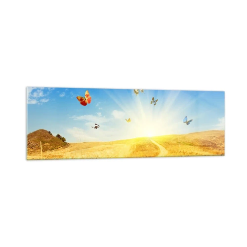 Obraz na szkle - Złote pole, ścieżka i motyle na tle błękitnego nieba - 160x50cm - I jak tu nie kochać lata? - Nowoczesna dekoracja ścienna do salonu i sypialni ARTTOR
