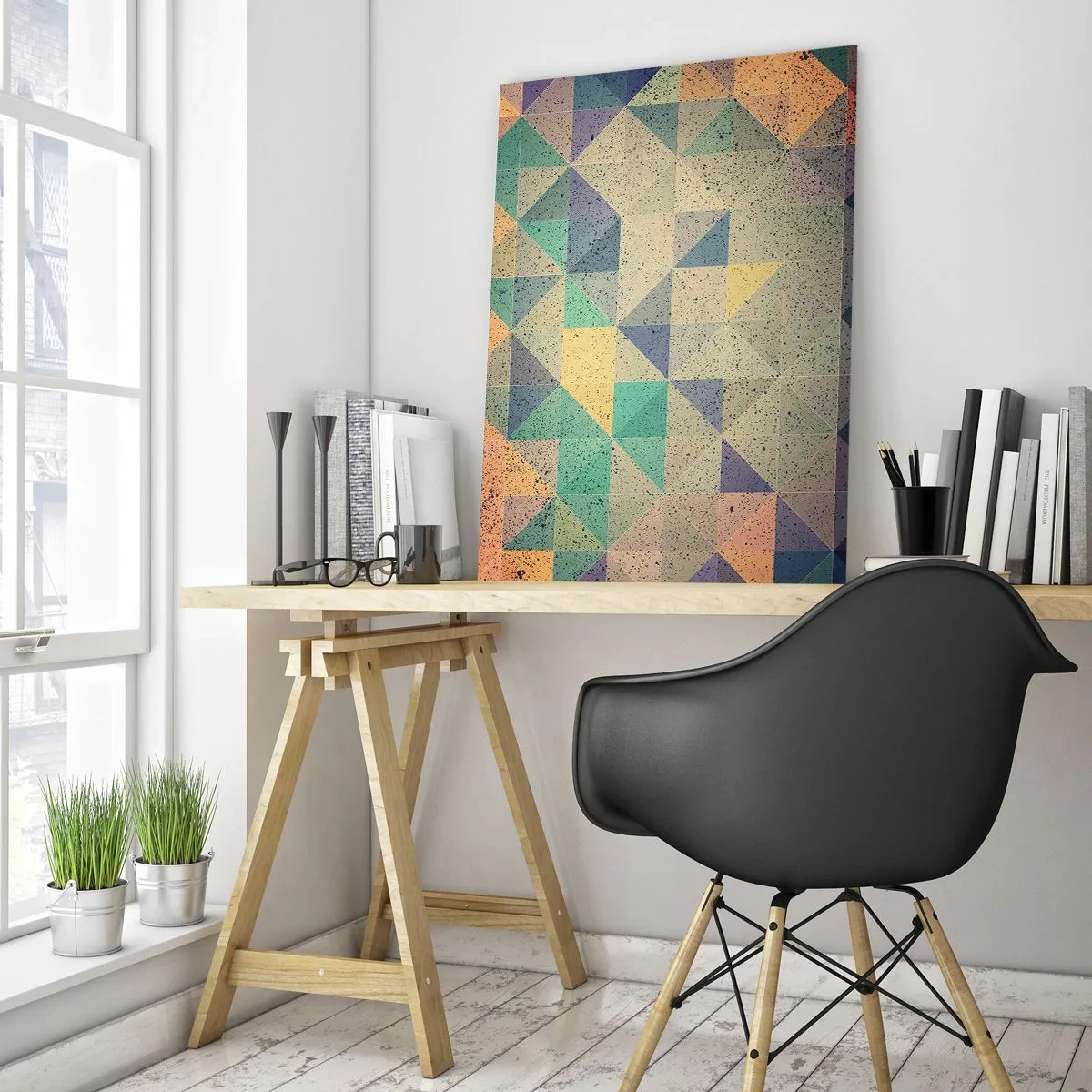 Obraz na szkle - Kolorowa kompozycja geometrycznych trójkątów w pastelowych odcieniach - 80x120cm - Republika trójkątów - Nowoczesna dekoracja ścienna do salonu i sypialni ARTTOR