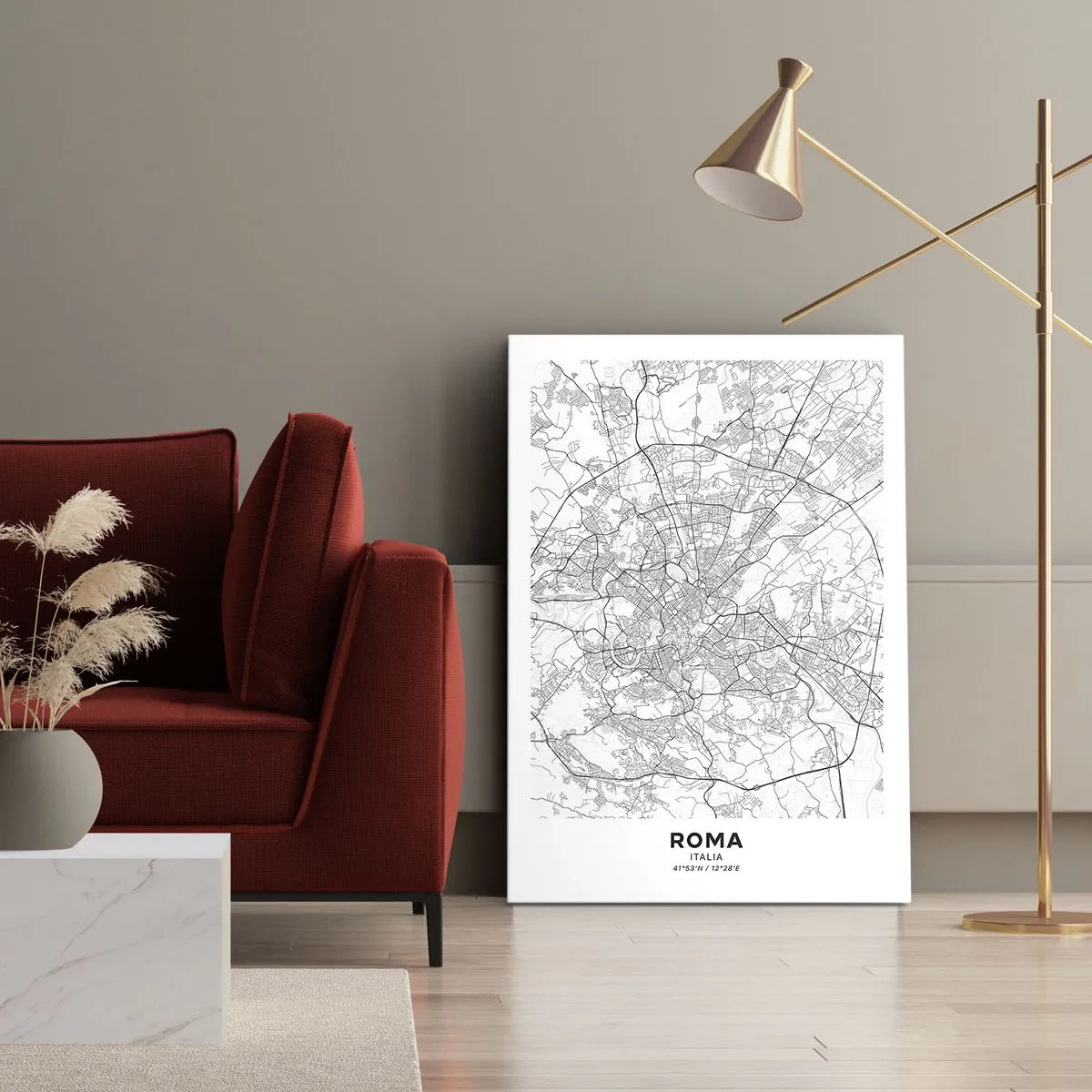 Obraz na płótnie - Miejska mapa w stylu minimalistycznym z delikatnymi liniami - 80x120cm - Rzymski krąg - Nowoczesna dekoracja ścienna do salonu i sypialni ARTTOR