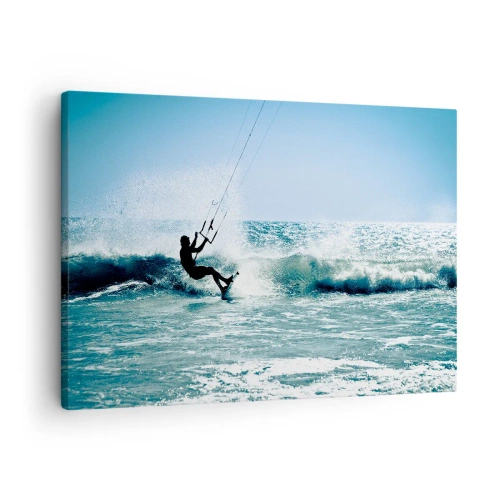 Obraz na płótnie - Kitesurfer na fali w pełnym słońcu - 70x50cm - Daj się ponieść - Nowoczesna dekoracja ścienna do salonu i sypialni ARTTOR
