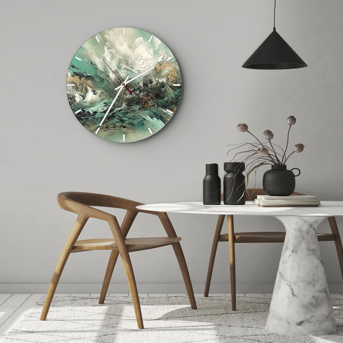 Zegar ścienny - Dynamiczna abstrakcja w zieleni, bieli i złocie - 30x30cm - Szmaragdowo-czarna kipiel - Nowoczesna dekoracja ścienna do salonu, kuchni i sypialni ARTTOR