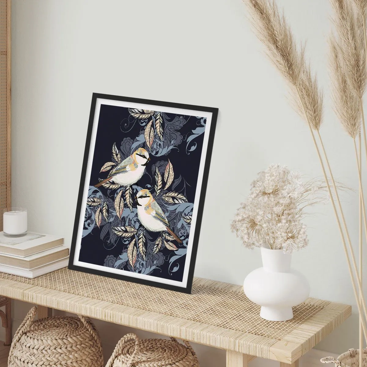 Plakat w czarnej ramie - Dwa ptaki na tle ozdobnych liści i ornamentów - 50x70cm - Żółto-błękitny trel - Nowoczesna dekoracja ścienna do salonu i sypialni ARTTOR