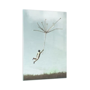 Obraz na szkle - Postać unoszona przez duży nasion dmuchawca - 80x120cm - Latawce, dmuchawce, wiatr - Nowoczesna dekoracja ścienna do salonu i sypialni ARTTOR