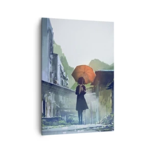 Obraz na płótnie - Postać z parasolem w deszczowym mieście - 70x100cm - Ożywczy deszcz - Nowoczesna dekoracja ścienna do salonu i sypialni ARTTOR