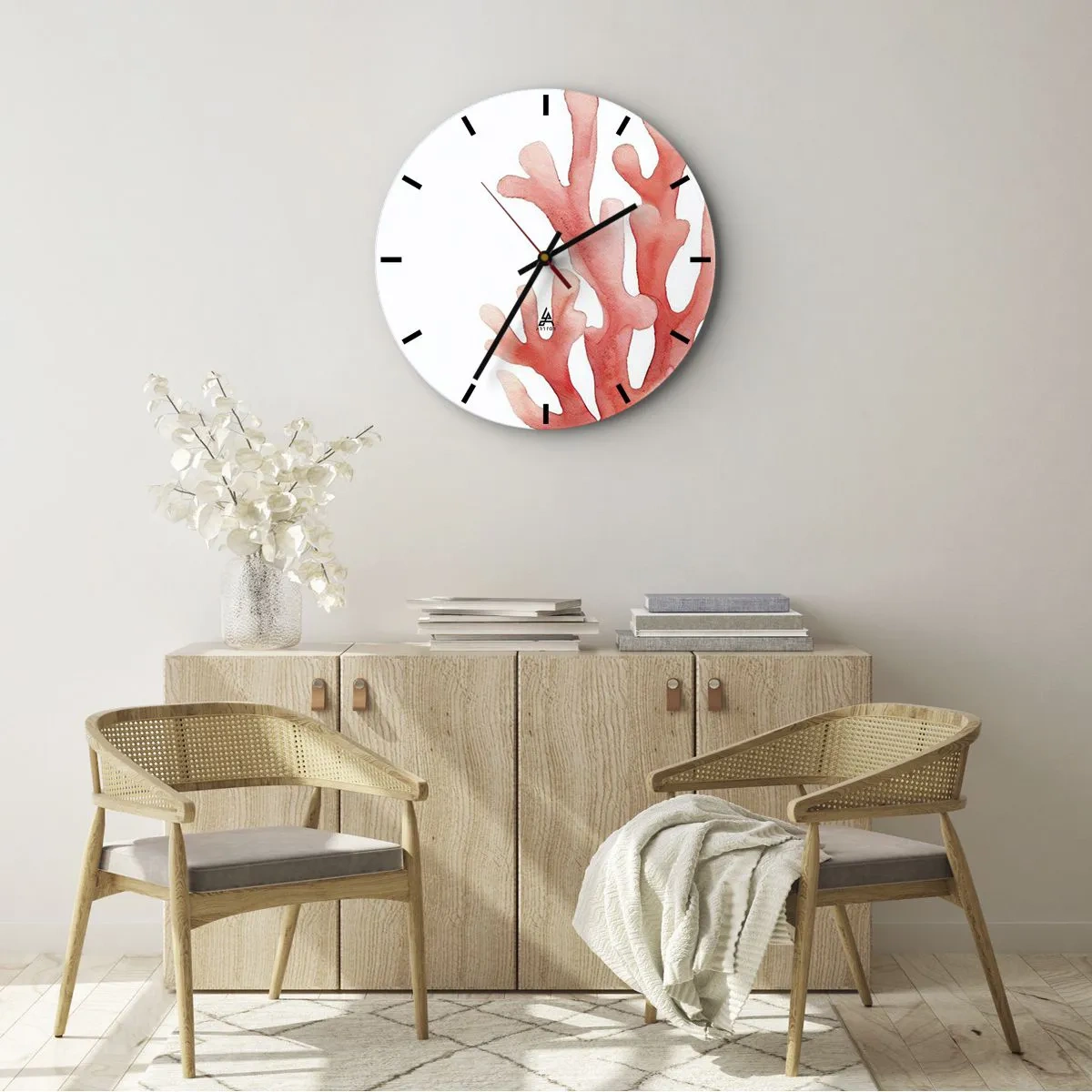 Zegar ścienny - Czerwony koral namalowany akwarelą na białym tle - 30x30cm - Koral koloru koralowego - Nowoczesna dekoracja ścienna do salonu, kuchni i sypialni ARTTOR