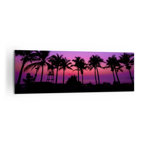 Obraz na płótnie - Sylwetki palm na tle różowo-fioletowego nieba o zachodzie słońca - 160x50cm - Wieczór pod palmami - Nowoczesna dekoracja ścienna do salonu i sypialni ARTTOR