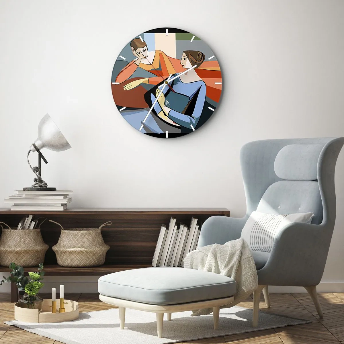 Zegar ścienny - Dwie kobiety w stylu geometrycznym na kolorowym tle - 30x30cm - Chwila zwierzeń - Nowoczesna dekoracja ścienna do salonu, kuchni i sypialni ARTTOR