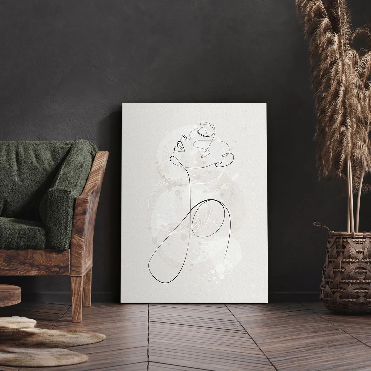 Obraz na płótnie - Minimalistyczny kontur twarzy z kwiatem na jasnym tle - 70x100cm - Spirala piękna - Nowoczesna dekoracja ścienna do salonu i sypialni ARTTOR