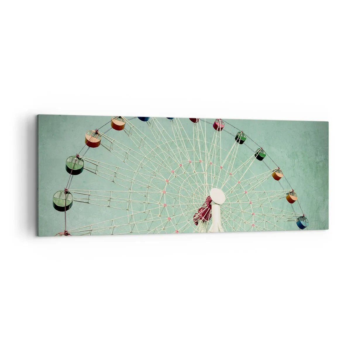 Obraz na płótnie - Kolorowy diabelski młyn na tle błękitnego nieba w stylu retro - 140x50cm - Zapraszamy do zabawy - Nowoczesna dekoracja ścienna do salonu i sypialni ARTTOR