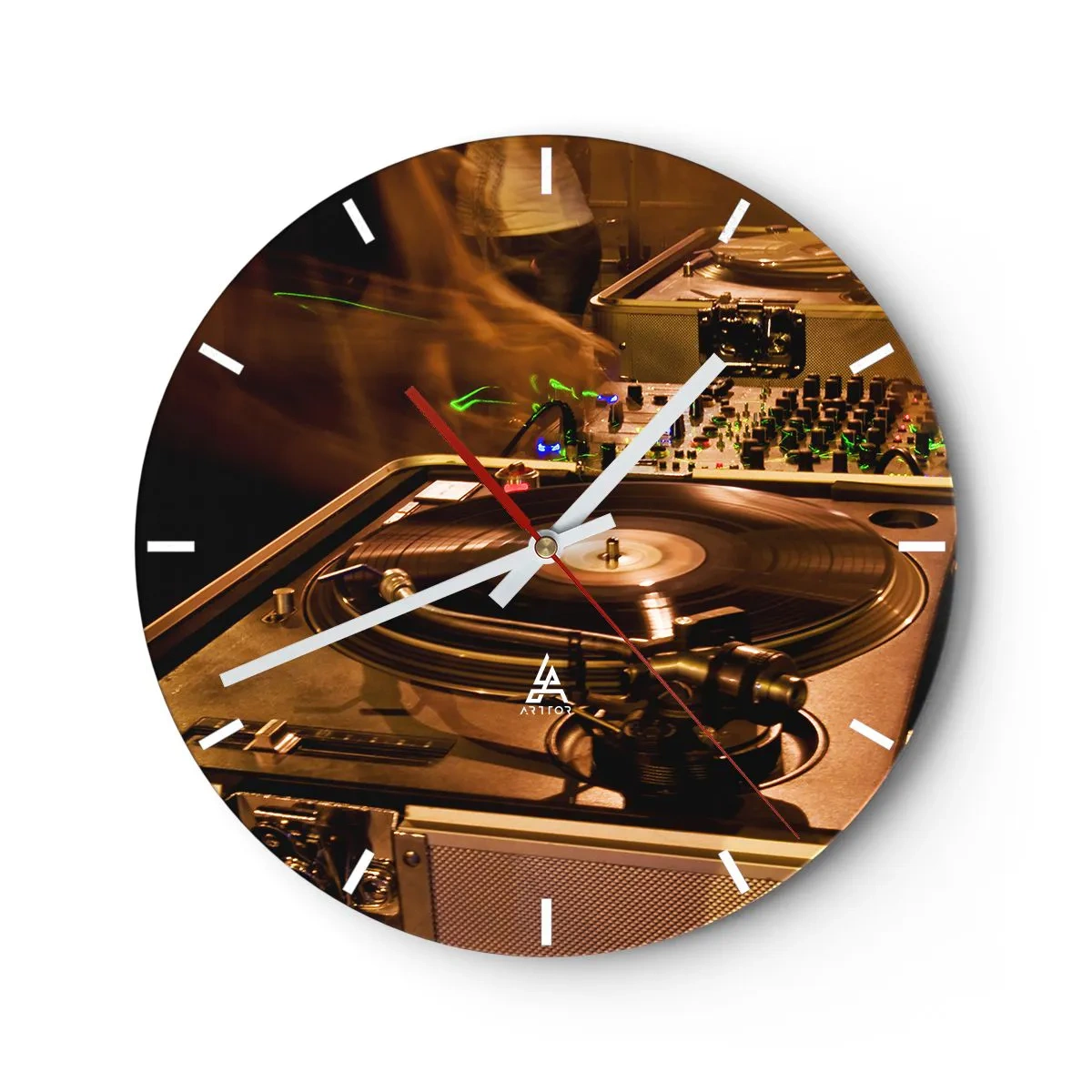Zegar ścienny - Gramofon i mikser DJ-a w dynamicznym oświetleniu - 30x30cm - Czujesz tę moc? - Nowoczesna dekoracja ścienna do salonu, kuchni i sypialni ARTTOR