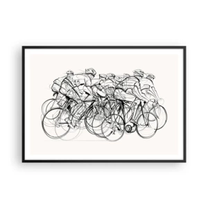 Plakat w czarnej ramie - Grupa kolarzy w ruchu w minimalistycznym stylu - 100x70cm - Wespół w zespół - Nowoczesna dekoracja ścienna do salonu i sypialni ARTTOR