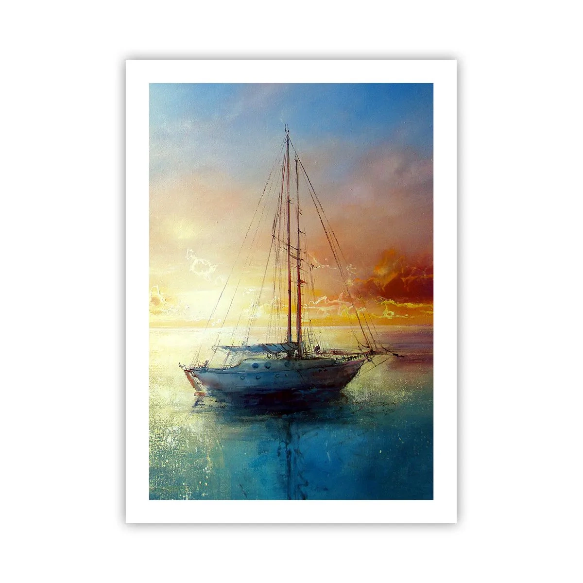 Plakat - Jacht na spokojnym morzu przy zachodzącym słońcu - 50x70cm - W złotej zatoce - Nowoczesna dekoracja ścienna do salonu, kuchni i sypialni ARTTOR