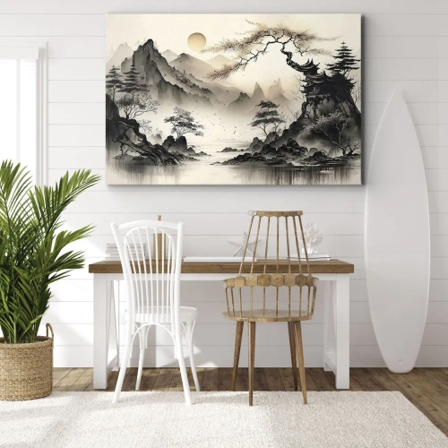 Obraz na płótnie - Niepowtarzalny urok orientu - Orientalny krajobraz z górami i pagodą w delikatnych odcieniach - 70x50cm