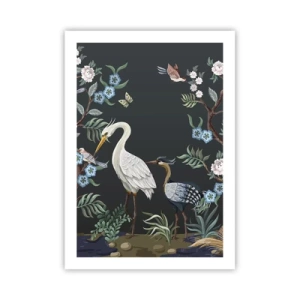 Plakat - Ilustracja ptaków wśród kwiatów na ciemnym tle - 50x70cm - Ptasia parada - Nowoczesna dekoracja ścienna do salonu, kuchni i sypialni ARTTOR