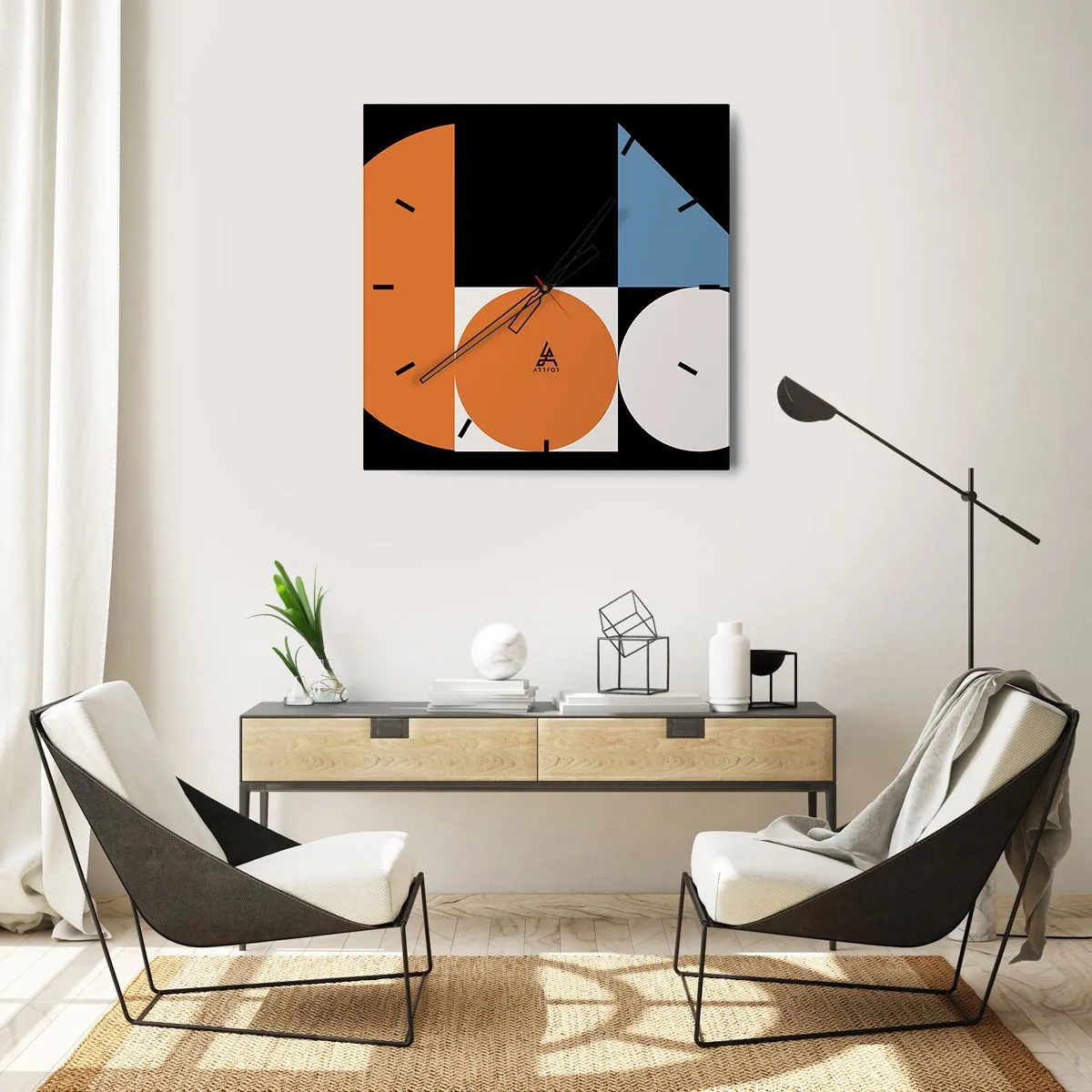 Zegar ścienny - Geometryczny wzór z kolorowymi kształtami na czarnym tle - 30x30cm - Układ figurowy - Nowoczesna dekoracja ścienna do salonu i sypialni ARTTOR