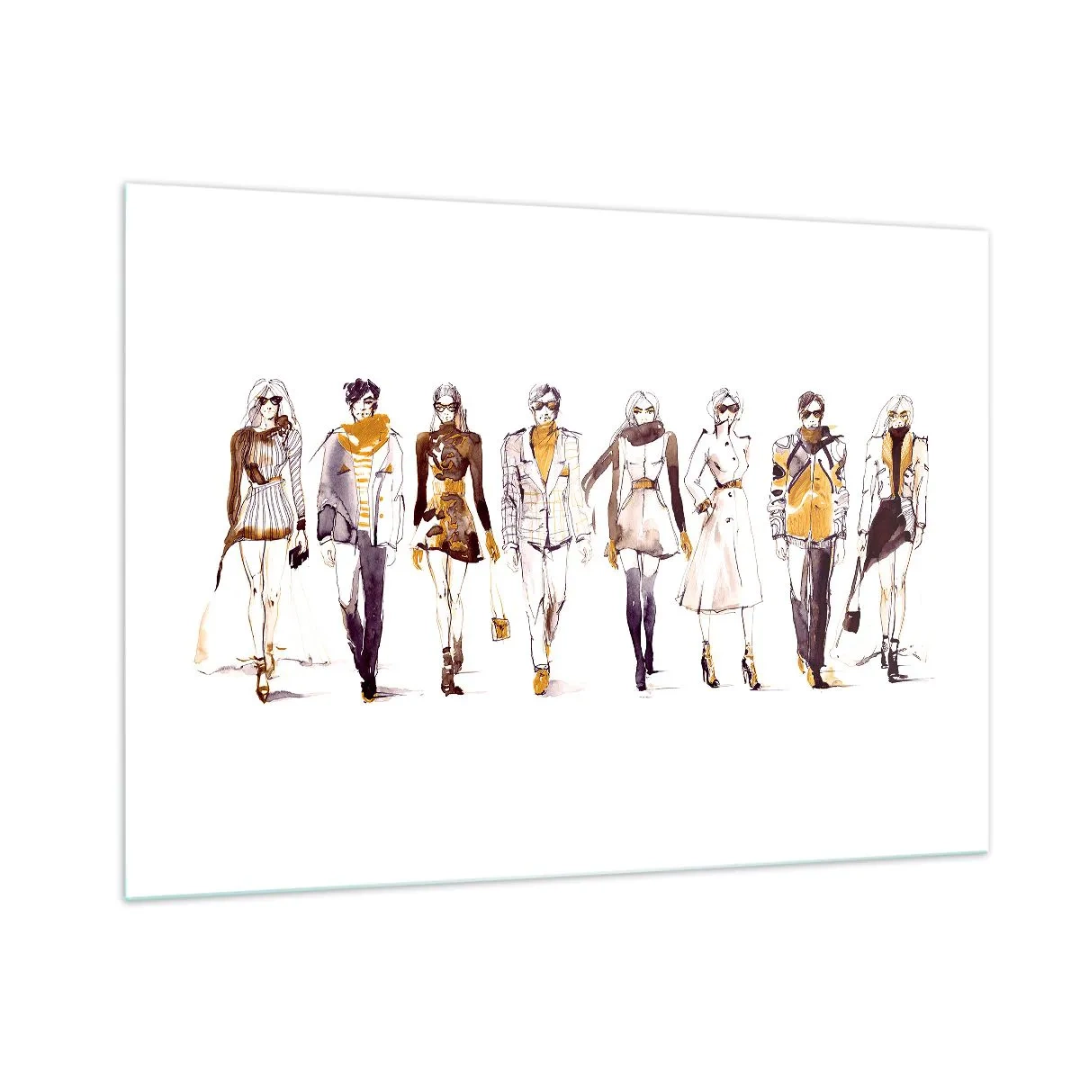 Obraz na szkle - Grupa modnych postaci w stylu szkicowym na białym tle - 100x70cm - Niewymuszony szyk, swobodna elegancja - Nowoczesna dekoracja ścienna do salonu, kuchni i sypialni ARTTOR