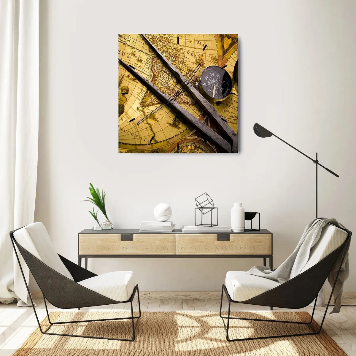 Zegar ścienny - Zabytkowa mapa świata z kompasem i cyrklem na tle - 30x30cm - Gdze te skarby? - Nowoczesna dekoracja ścienna do salonu i sypialni ARTTOR