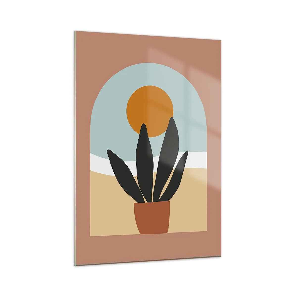 Obraz na szkle - Abstrakcyjna scena z rośliną w doniczce i słońcem w tle, w pastelowych kolorach - 50x70cm - Drobne radości - Nowoczesna dekoracja ścienna do salonu, kuchni i sypialni ARTTOR