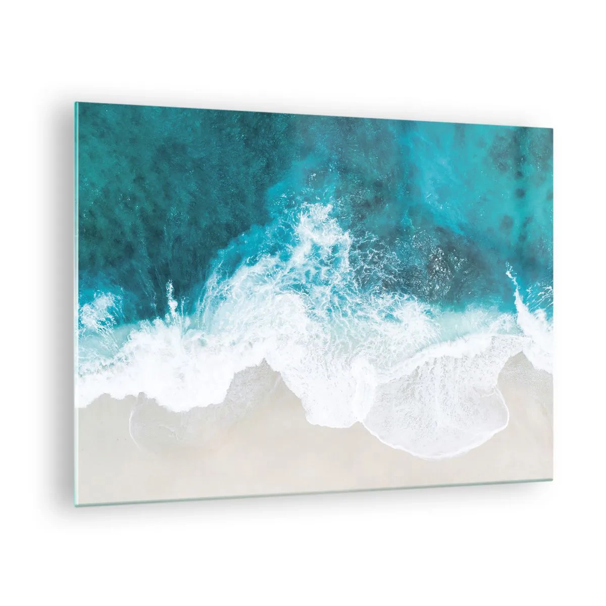 Obraz na szkle - Morskie fale uderzające o brzeg w ujęciu z lotu ptaka - 70x50cm - Naturalna pieszczota - Nowoczesna dekoracja ścienna do salonu i sypialni ARTTOR