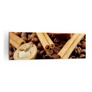 Obraz na płótnie - Ziarna kawy z laskami cynamonu, czekoladą i orzechem włoskim. - 160x50cm - Koncert aromatów - Nowoczesna dekoracja ścienna do salonu i sypialni ARTTOR