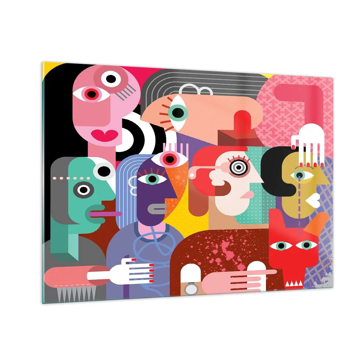 Obraz na szkle - Abstrakcyjna kompozycja twarzy w żywych kolorach - 100x70cm - My od pana Picassa - Nowoczesna dekoracja ścienna do salonu, kuchni i sypialni ARTTOR