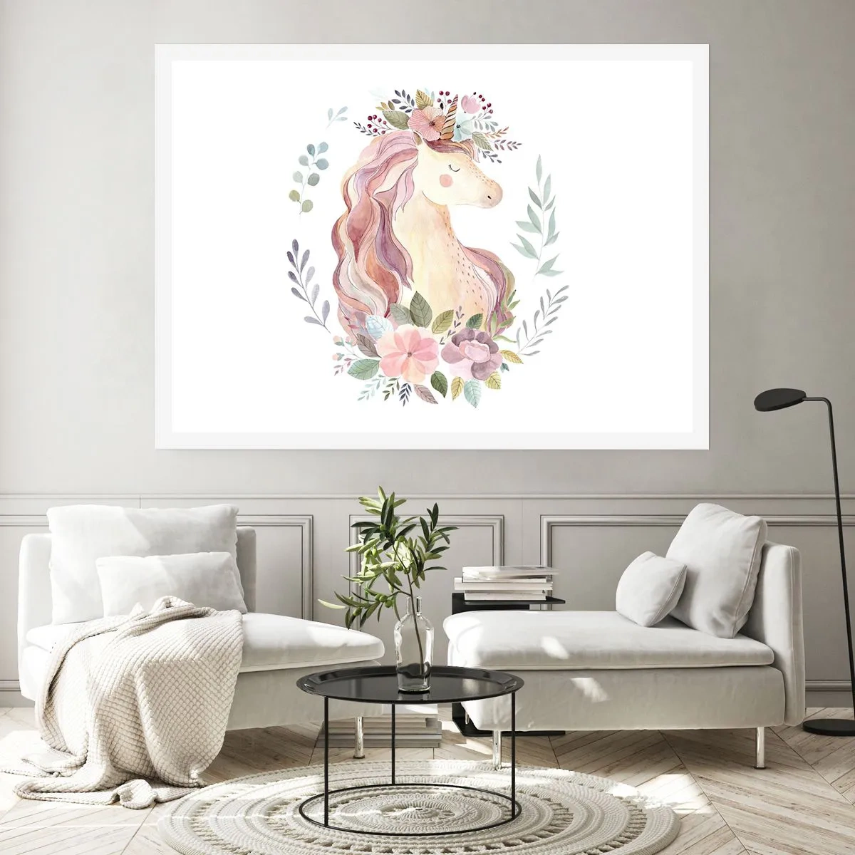 Plakat - Jednorożec w pastelowych kolorach otoczony kwiatami - 100x70cm - Zaproszenie do świata baśni - Nowoczesna dekoracja ścienna do salonu i sypialni ARTTOR