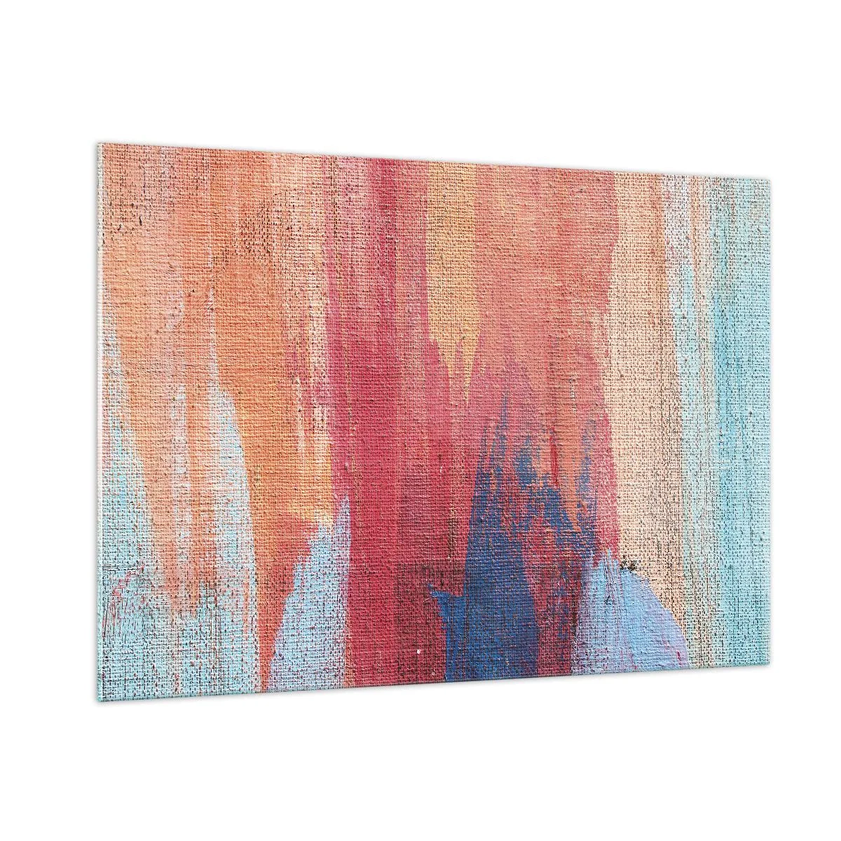 Obraz na szkle - Kolorowe smugi farby na płóciennej strukturze - 100x70cm - Spłynąć tęczą - Nowoczesna dekoracja ścienna do salonu, kuchni i sypialni ARTTOR