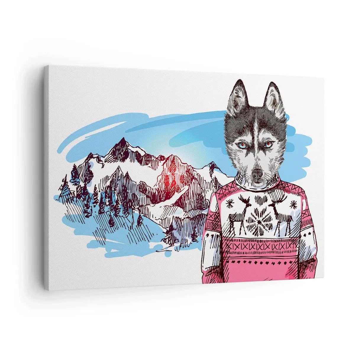 Obraz na płótnie - Wilk w zimowym swetrze na tle górskiego krajobrazu - 70x50cm - Wilk w owczej wełnie - Nowoczesna dekoracja ścienna do salonu i sypialni ARTTOR