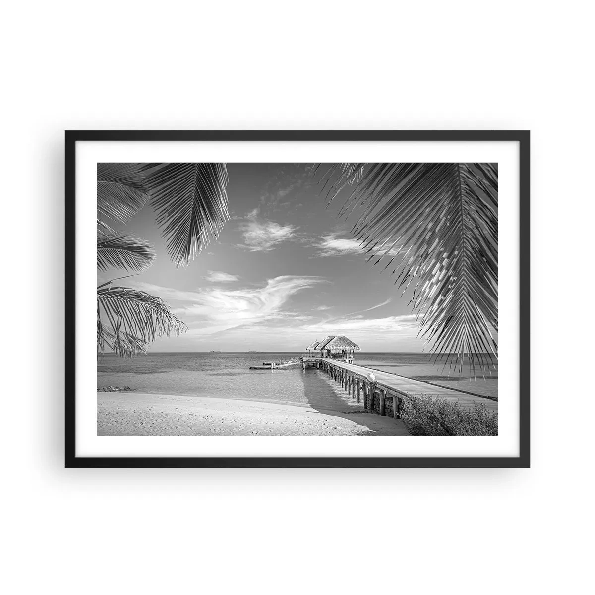 Plakat w czarnej ramie - Czarno-biała plaża z molo i palmami na tropikalnym wybrzeżu - 70x50cm - Wspomnienie czy marzenie? - Nowoczesna dekoracja ścienna do salonu i sypialni ARTTOR
