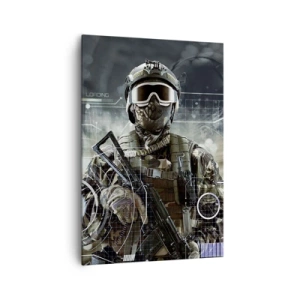 Obraz na płótnie - Żołnierz w futurystycznym hełmie z bronią w tle technologii - 70x100cm - Moc do potęgi - Nowoczesna dekoracja ścienna do salonu i sypialni ARTTOR