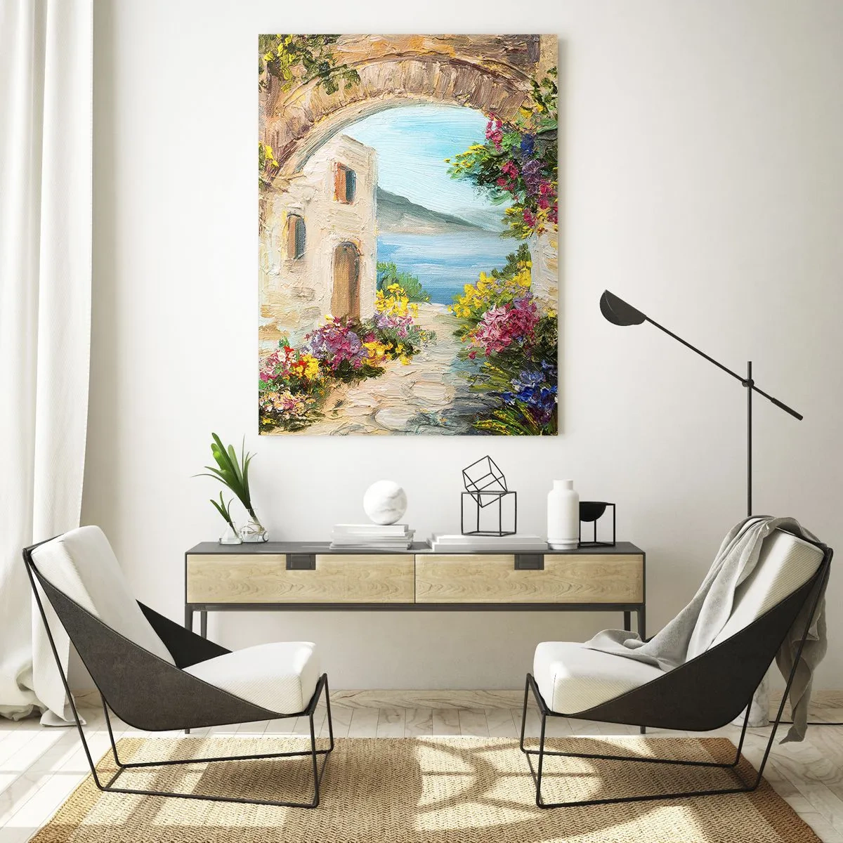 Obraz na szkle - Malownicza uliczka z widokiem na jezioro - 50x70cm - Urok nadmorskiej prowincji - Nowoczesna dekoracja ścienna do salonu, kuchni i sypialni ARTTOR
