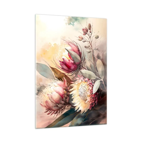 Obraz na szkle - Kwiaty protei w pastelowych barwach na artystycznym tle - 50x70cm - Z profilu i en face - Nowoczesna dekoracja ścienna do salonu, kuchni i sypialni ARTTOR