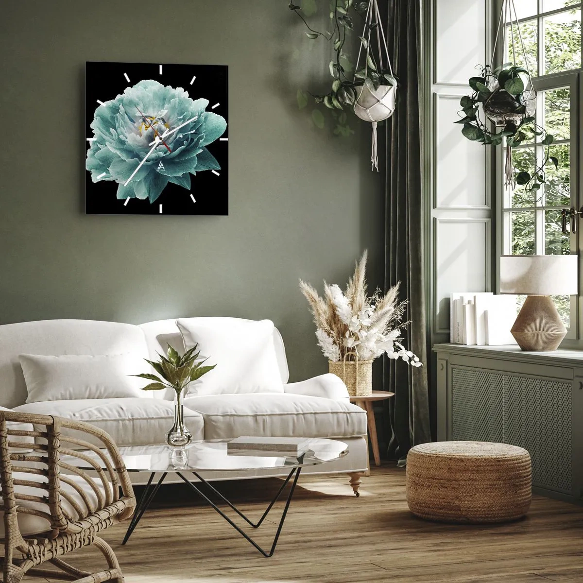 Zegar ścienny - Turkusowy kwiat piwonii na czarnym tle - 30x30cm - Płatki błękitne i złote - Nowoczesna dekoracja ścienna do salonu i sypialni ARTTOR